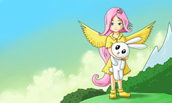 Size: 2000x1200 | Tagged: safe, artist:alexmakovsky, character:angel bunny, character:fluttershy, species:human, clothing, dress, humanized