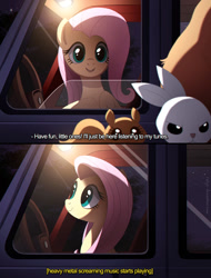 Size: 825x1087 | Tagged: safe, artist:ruhje, character:angel bunny, character:fluttershy, species:pegasus, species:pony, g4, car, comic, crossover, descriptive noise, female, heavy metal, mare, mastodon (band), meme, metal, metalshy, monsters inc., monsters university, music, open mouth, parody, pixar, scene parody, squirrel, subtitles, three quarter view