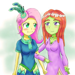 Size: 1000x1000 | Tagged: safe, artist:jumboz95, character:fluttershy, character:tree hugger, ship:flutterhugger, episode:make new friends but keep discord, g4, my little pony: friendship is magic, my little pony:equestria girls, :i, breasts, busty fluttershy, busty tree hugger, cleavage, equestria girls-ified, female, humanized, lesbian, shipping, we bought two cakes