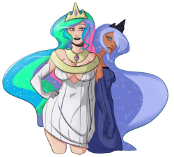 Size: 1280x1158 | Tagged: safe, artist:swain, character:princess celestia, character:princess luna, species:human, breasts, busty princess celestia, cleavage, clothing, cutie mark eyes, dress, evening gloves, female, humanized, looking at you, simple background, transparent background, wingding eyes