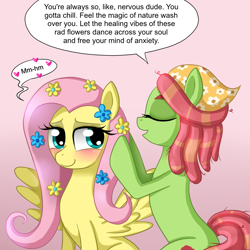 Size: 1000x1000 | Tagged: safe, artist:leffenkitty, character:fluttershy, character:tree hugger, species:pony, ship:flutterhugger, episode:make new friends but keep discord, g4, my little pony: friendship is magic, blushing, duo, eyes closed, female, flower, flower in hair, lesbian, shipping