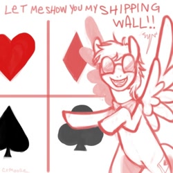 Size: 500x500 | Tagged: safe, artist:clorin spats, oc, oc only, oc:pomf, species:pegasus, species:pony, dialogue, glasses, homestuck, looking at you, male, open mouth, shipper, shipping wall, smiling, solo, spread wings, stallion, wings