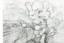Size: 1814x1236 | Tagged: safe, artist:gezawatt, character:pinkie pie, angry, dubstep, manly, masculine, monochrome, sketch, traditional art
