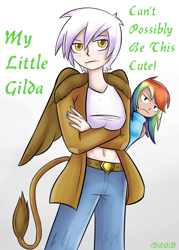 Size: 940x1310 | Tagged: safe, artist:dinobirdofdoom, character:gilda, character:rainbow dash, species:human, episode:the lost treasure of griffonstone, g4, my little pony: friendship is magic, belly button, breasts, busty gilda, female, humanized, midriff, my little sister can't be this cute, nail polish, parody, tailed humanization, winged humanization