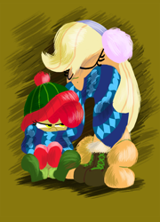 Size: 1380x1920 | Tagged: safe, artist:talonsofwater, character:apple bloom, character:applejack, apple bloom is not amused, boots, clothing, earmuffs, hat, scarf, socks, winter outfit