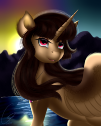 Size: 2880x3600 | Tagged: safe, artist:crazyaniknowit, oc, oc only, oc:spring beauty, species:alicorn, species:pony, alicorn oc, looking at you, mountain, mountain range, solo, sunset, water
