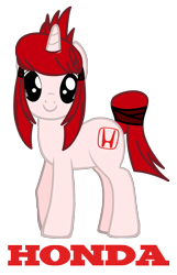 Size: 936x1450 | Tagged: safe, artist:nsdrift, oc, oc only, oc:honda mare, species:pony, species:unicorn, brand, car, female, honda, looking at you, mare, ponified, ribbon, simple background, smiling, solo, standing, straps, transparent background