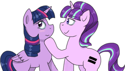 Size: 832x473 | Tagged: safe, artist:stockingstreams, character:starlight glimmer, character:twilight sparkle, character:twilight sparkle (alicorn), species:alicorn, species:pony, ship:twistarlight, episode:the cutie map, g4, my little pony: friendship is magic, 3:, bedroom eyes, blushing, female, frown, hoof on chin, lesbian, looking away, mare, shipping, simple background, smiling, transparent background, wavy mouth