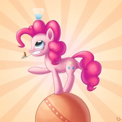Size: 2000x2000 | Tagged: dead source, safe, artist:polkin, character:pinkie pie, balance, balancing, ball, egg, female, high res, mouth hold, solo, spoon