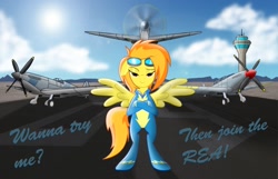Size: 1977x1270 | Tagged: safe, artist:spitshy, character:spitfire, species:pegasus, species:pony, g4, aircraft, bipedal, crossed arms, eyebrows, female, fighter, latex, latex suit, lidded eyes, looking at you, mare, plane, rea, solo, spread wings, wings, wonderbolts uniform