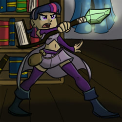 Size: 600x600 | Tagged: safe, artist:eliwood10, character:twilight sparkle, species:human, belly button, bookshelf, clothing, female, humanized, mage, midriff, skirt, solo, staff