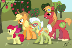 Size: 900x600 | Tagged: safe, artist:tehjadeh, character:apple bloom, character:applejack, character:big mcintosh, character:granny smith, species:earth pony, species:pony, apple, apple family, glasses, goggles, male, stallion, sweet apple acres, tree