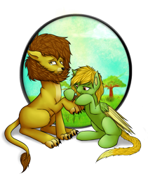 Size: 885x1050 | Tagged: safe, artist:farcuf, oc, oc only, oc:farcuf, oc:soft paw, species:pegasus, species:pony, africa, animal, big cat, colored wings, colored wingtips, crying, cutie mark, ear fluff, frown, helping, hoof hold, lidded eyes, lion, looking at you, raised paw, sad, simple background, sitting, story, transparent background, wavy mouth, wing fluff