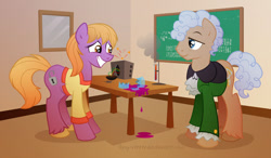 Size: 864x504 | Tagged: safe, artist:lissystrata, character:doctor whooves, character:time turner, species:earth pony, species:pony, g4, broken, chalkboard, chemicals, doctor who, duo, female, jo grant, jon pertwee, male, mare, math, numbers, photoshop, ponified, shattered glass, signature, stallion, table, test tube, the doctor, third doctor