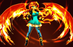 Size: 1280x828 | Tagged: safe, artist:animeclaro, character:sunset shimmer, episode:my past is not today, g4, my little pony: equestria girls, my little pony:equestria girls, breasts, busty sunset shimmer, cleavage, clothing, female, fiery wings, looking back, ponied up, smiling, solo