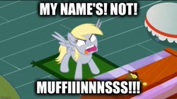 Size: 884x500 | Tagged: safe, artist:mysteryben, edit, character:derpy hooves, species:pegasus, species:pony, epic rage time, female, image macro, mare, meme, muffin, my name's not rick, patrick star, spongebob squarepants, that one nameless background pony we all know and love, the fry cook games