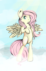 Size: 636x979 | Tagged: safe, artist:renaifoxi, character:fluttershy, species:pegasus, species:pony, bipedal, chest fluff, cloud, crepuscular rays, female, mare, on a cloud, smiling, solo, spread wings, three quarter view, wings
