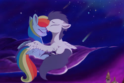 Size: 900x600 | Tagged: safe, artist:banoodle, character:rainbow dash, character:soarin', species:pegasus, species:pony, ship:soarindash, blushing, cloud, cute, eyes closed, female, floppy ears, forehead kiss, hug, kissing, male, mare, night, on a cloud, shipping, shooting star, sitting, smiling, stallion, stars, straight, winghug