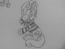 Size: 540x403 | Tagged: safe, artist:poorlydrawnpony, character:quiet gestures, episode:princess spike, g4, my little pony: friendship is magic, mime, monochrome, solo, traditional art