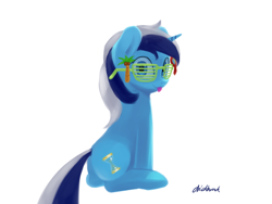 Size: 1024x768 | Tagged: safe, artist:chickhawk96, character:minuette, species:pony, species:unicorn, cute, female, glasses, looking at you, shutter shades, simple background, sitting, solo, tongue out, white background