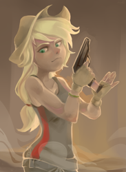 Size: 1669x2282 | Tagged: safe, artist:facerenon, character:applejack, species:human, female, gun, humanized, no trigger discipline, pistol, solo, walther ppk