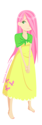 Size: 350x1030 | Tagged: safe, artist:tinrobo, character:fluttershy, barefoot, clothing, dress, feet, female, humanized, solo
