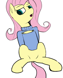 Size: 562x689 | Tagged: safe, artist:flutteriot, character:fluttershy, bottomless, clothing, dock, featureless crotch, female, keyhole turtleneck, open-chest sweater, partial nudity, solo, sweater, sweatershy, turtleneck