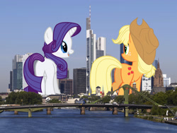 Size: 1814x1361 | Tagged: safe, artist:sapphire-beauty0, artist:theotterpony, artist:zomgmad, character:applejack, character:rarity, species:earth pony, species:pony, species:unicorn, frankfurt, germany, giant pony, irl, macro, photo, plot, plot pair, size difference, story included