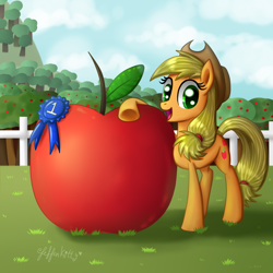 Size: 1000x1000 | Tagged: safe, artist:leffenkitty, character:applejack, blue ribbon, female, giant apple, solo