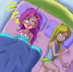 Size: 1000x985 | Tagged: safe, artist:jumboz95, character:applejack, character:pinkie pie, species:human, bed, clothing, green underwear, humanized, open mouth, panties, sleeping, snoring, snot bubble, tank top, underwear, zzz