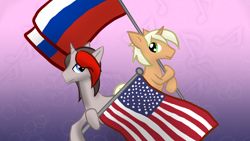 Size: 1280x720 | Tagged: safe, artist:artylovr, oc, oc only, oc:lenich, oc:mic the microphone, species:pony, species:unicorn, abstract background, american flag, cute, flag, male, russia, russian flag, smiling, united states, usa flag