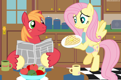 Size: 1506x1000 | Tagged: safe, artist:bobthelurker, character:big mcintosh, character:fluttershy, species:earth pony, species:pony, ship:fluttermac, apron, breakfast, clothing, male, shipping, stallion, straight, waffle, waifu