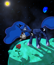 Size: 2397x2884 | Tagged: safe, artist:cynos-zilla, character:princess luna, earth, female, flower, gardening, lidded eyes, mouth hold, parody, planet, rose, smiling, solo, space, stars, sun, tangible heavenly object, the little prince, watering can