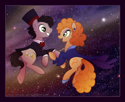 Size: 618x504 | Tagged: safe, artist:lissystrata, character:doctor whooves, character:time turner, species:earth pony, species:pony, clothing, doctor who, duo, eleventh doctor, hat, male, ponified, river song, space, stallion, stars, the doctor