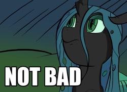 Size: 1100x800 | Tagged: safe, artist:flutteriot, edit, character:queen chrysalis, species:changeling, female, image macro, meme, not bad, reaction image, solo