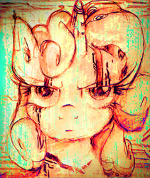 Size: 2185x2591 | Tagged: safe, artist:gezawatt, character:sweetie belle, sweetie bot, acid, colored, dark, glitch, traditional art