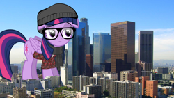 Size: 1920x1080 | Tagged: safe, artist:paragonaj, artist:theotterpony, character:twilight sparkle, character:twilight sparkle (alicorn), species:alicorn, species:pony, beanie, clothing, female, giant pony, giantess, glasses, hat, hipster, irl, los angeles, macro, mare, mega twilight sparkle, photo, ponies in real life, scarf