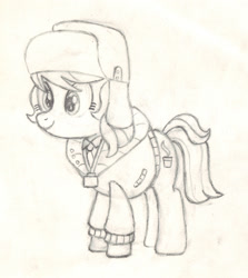 Size: 1800x2022 | Tagged: safe, artist:chronicle23, character:march gustysnows, species:earth pony, species:pony, episode:princess spike, g4, my little pony: friendship is magic, clothing, coat, female, hat, mare, monochrome, solo, traditional art, ushanka