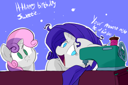 Size: 1196x798 | Tagged: safe, artist:tofutiles, character:rarity, character:sweetie belle, :<, birthday, blue background, dialogue, fail, head tilt, no pupils, sewing machine, simple background