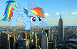 Size: 2000x1280 | Tagged: safe, artist:psychicwalnut, artist:theotterpony, character:rainbow dash, species:pegasus, species:pony, empire state building, female, giant pony, giantess, giga, huge, irl, macro, new york, photo, ponies in real life, solo