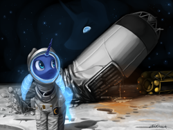 Size: 1024x768 | Tagged: safe, artist:chickhawk96, character:princess luna, astronaut, crash landing, earth, female, leaking, moon, solo, space, space suit, spaceship
