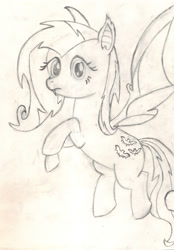 Size: 2185x3141 | Tagged: safe, artist:chronicle23, character:flutterbat, character:fluttershy, species:bat pony, species:pony, episode:bats!, episode:do princesses dream of magic sheep?, g4, my little pony: friendship is magic, bat ears, bat wings, fangs, female, looking at you, mare, monochrome, solo, traditional art