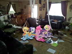 Size: 2048x1536 | Tagged: safe, artist:emedina13, character:applejack, character:fluttershy, character:pinkie pie, character:rainbow dash, character:rarity, character:twilight sparkle, irl, mane six, mess, photo, ponies in real life, toilet paper, vector