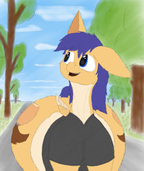 Size: 891x1063 | Tagged: safe, artist:jesseorange, oc, oc only, oc:jesse orange, species:pegasus, species:pony, clothing, fat, front view butt, impossibly wide hips, outdoors, shirt, trail, tree, wide hips