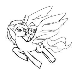 Size: 576x576 | Tagged: safe, artist:artylovr, character:princess celestia, fanfic art, flying, foal, future, lost to the sands, monochrome, ponies riding ponies, scouter