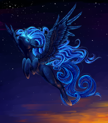 Size: 3500x4000 | Tagged: safe, artist:yanisfucker, character:princess luna, species:alicorn, species:pony, g4, eyes closed, female, fluffy, flying, glowing mane, glowing tail, mare, missing cutie mark, solo, spread wings, stars, twilight (astronomy), wings