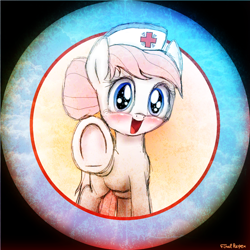 Size: 2000x2000 | Tagged: safe, artist:finalaspex, character:nurse redheart, species:earth pony, species:pony, adoredheart, blushing, cute, female, heartabetes, hoofbump, looking at you, mare, open mouth, smiling, solo, underhoof