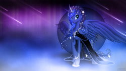 Size: 3840x2160 | Tagged: safe, artist:nemesis360, artist:romus91, character:princess luna, species:alicorn, species:pony, beautiful, clothing, crown, dress, female, mare, shooting star, shooting stars, solo, sparkly mane, vector, wallpaper