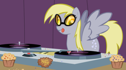 Size: 1275x715 | Tagged: safe, artist:mysteryben, edit, character:derpy hooves, character:dj pon-3, character:vinyl scratch, species:pegasus, species:pony, animated at source, background pony, female, food, mare, muffin, music, solo, turntable