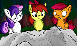 Size: 1956x1163 | Tagged: safe, artist:greenfinger, character:apple bloom, character:scootaloo, character:sweetie belle, oc, oc:turing test, species:pegasus, species:pony, fanfic:the iron horse: everything's better with robots, cutie mark crusaders, fanfic art, rain, robot, sheet